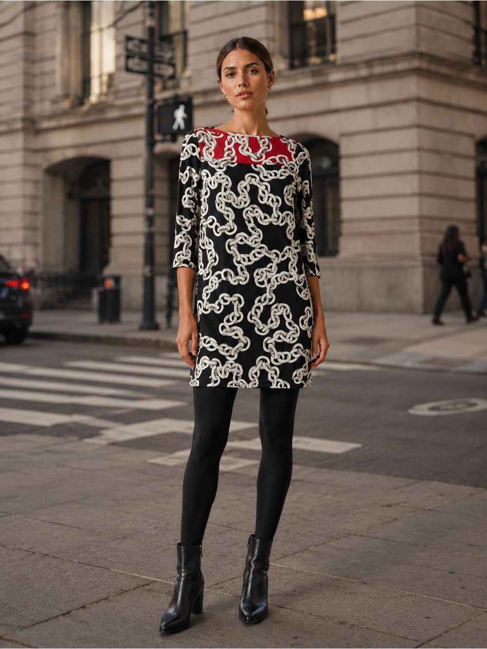 Diane Von Furstenberg Nautical Chain Print Silk Jersey Red Black Dress Size 4